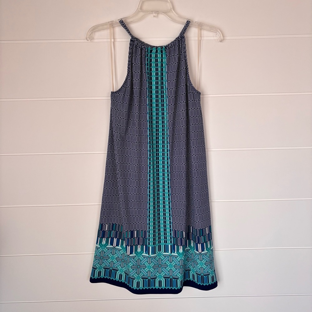Max Studio Blue and White Geo-Panel Midi Halter Dress Size Small